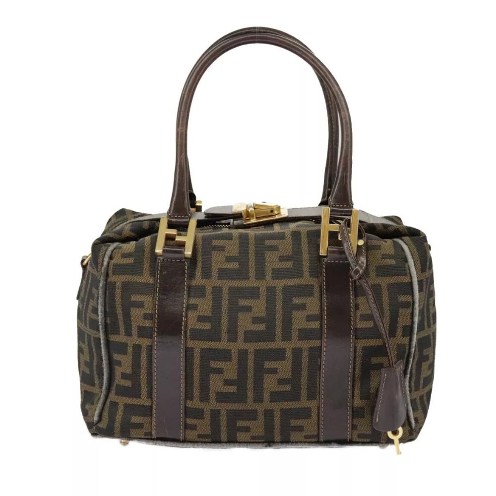 FENDI Zucca Canvas Hand Bag Brown Black Gold Auth
